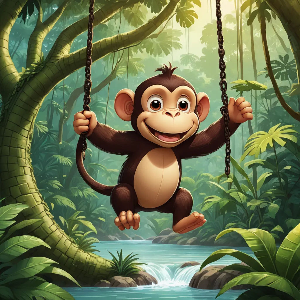 a monkey hanging from a tree in a jungle with a stream and trees in the background and a jungle scene, primitivism, a storybook illustration, Alex Petruk APe, jungle