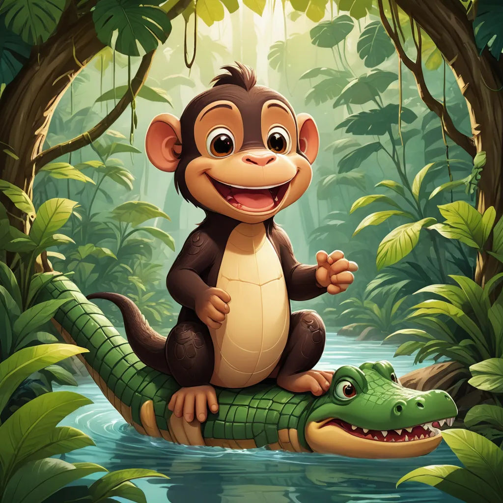 a monkey sitting on a crocodile in a jungle with a crocodile in the water and a jungle background with trees, sots art, a storybook illustration, Diego Gisbert Llorens, jungle