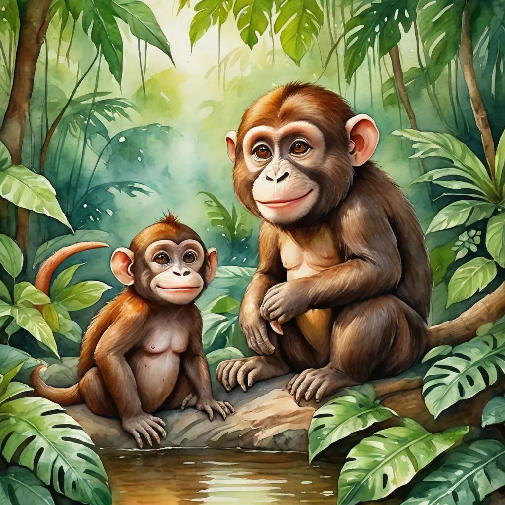 a painting of two monkeys sitting on a branch in the jungle with a river running through it and a jungle background, primitivism, a digital painting, Alex Petruk APe, highly detailed digital painting