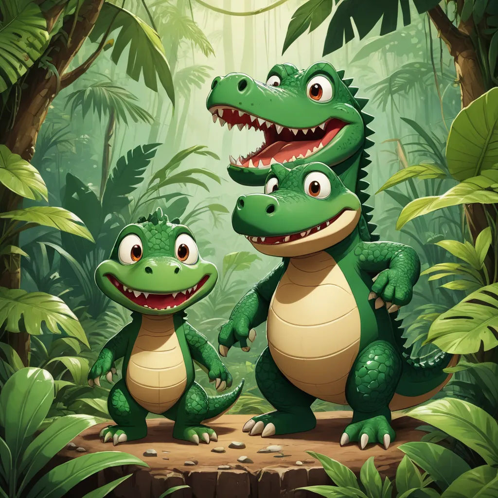 a couple of alligators standing in the middle of a forest with a baby one behind them and another behind them, sots art, a storybook illustration, Andries Stock, highly detailed digital painting