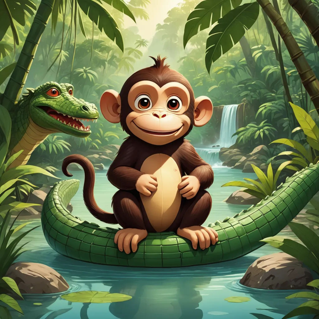 a monkey sitting on a crocodile in a jungle with a waterfall and a crocodile in the background illustration by alex krawc, sumatraism, a storybook illustration, Chris LaBrooy, jungle