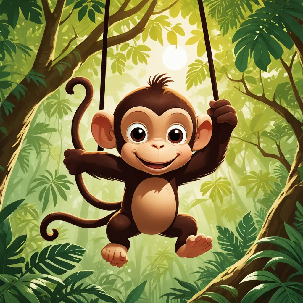 a monkey hanging from a tree in a jungle with a sun shining through the trees behind it and a smiling face, primitivism, a storybook illustration, Alex Petruk APe, jungle