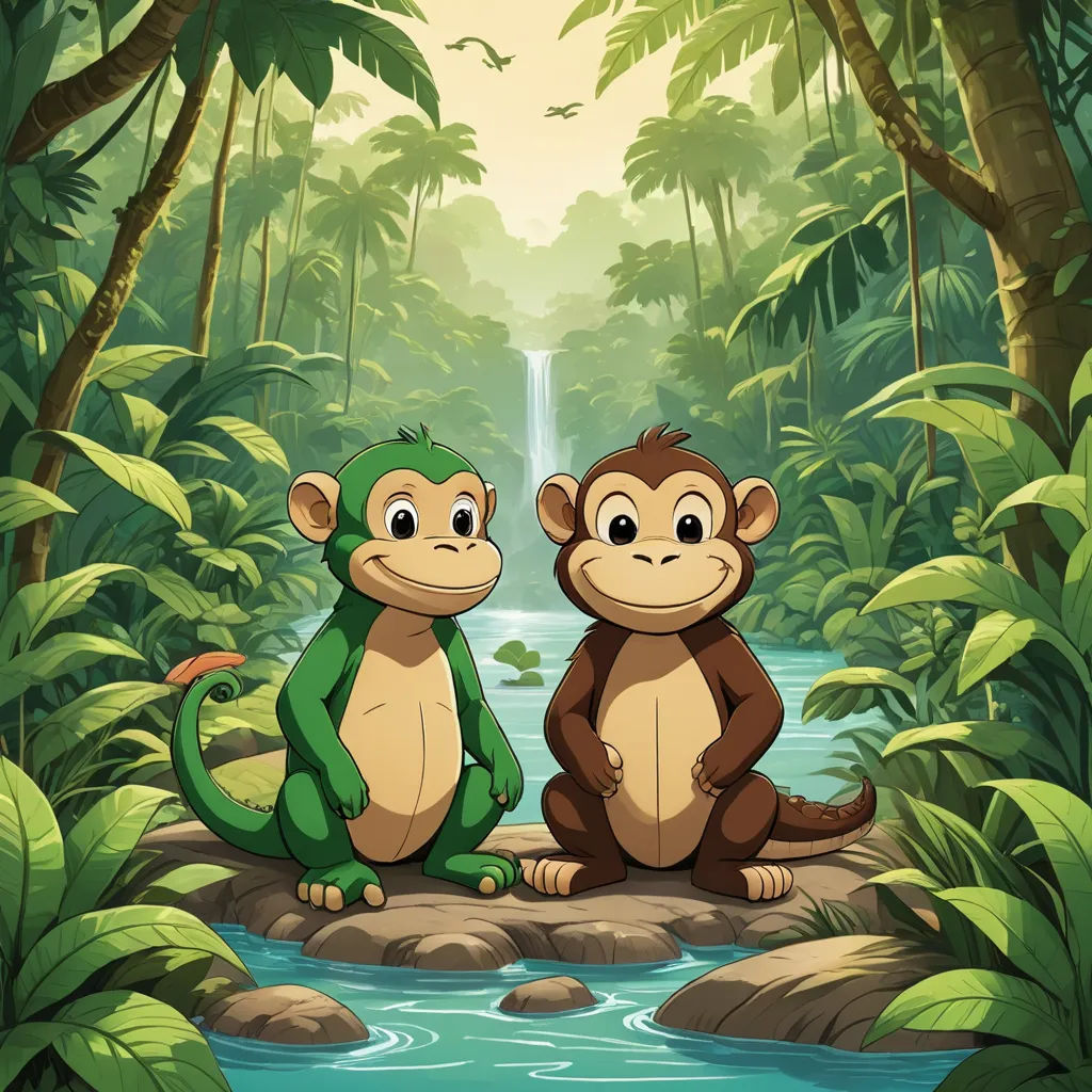 two monkeys sitting on a rock in a jungle with a waterfall in the background and a waterfall in the foreground, sumatraism, a storybook illustration, Diego Gisbert Llorens, jungle