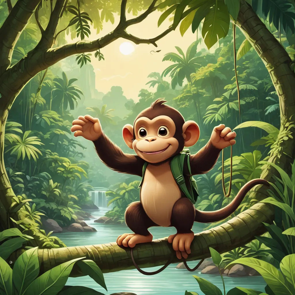 a monkey is sitting on a tree branch in the jungle with a backpack on his back and a waterfall in the background, sumatraism, a storybook illustration, Chris LaBrooy, jungle