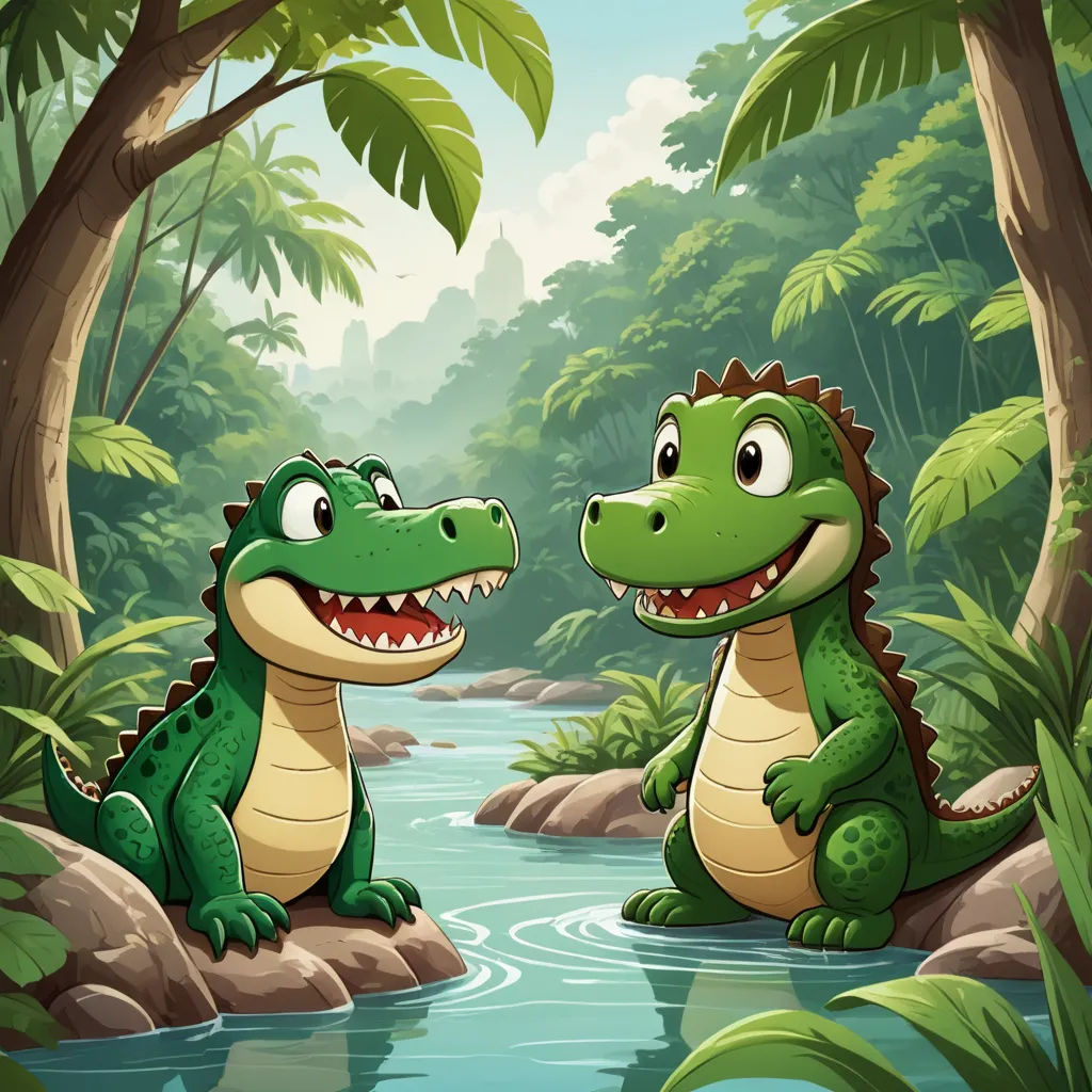 two crocodiles in the river near the trees and rocks illustration by alex krautke on devisy, sots art, a storybook illustration, Andries Both, 2 d game art