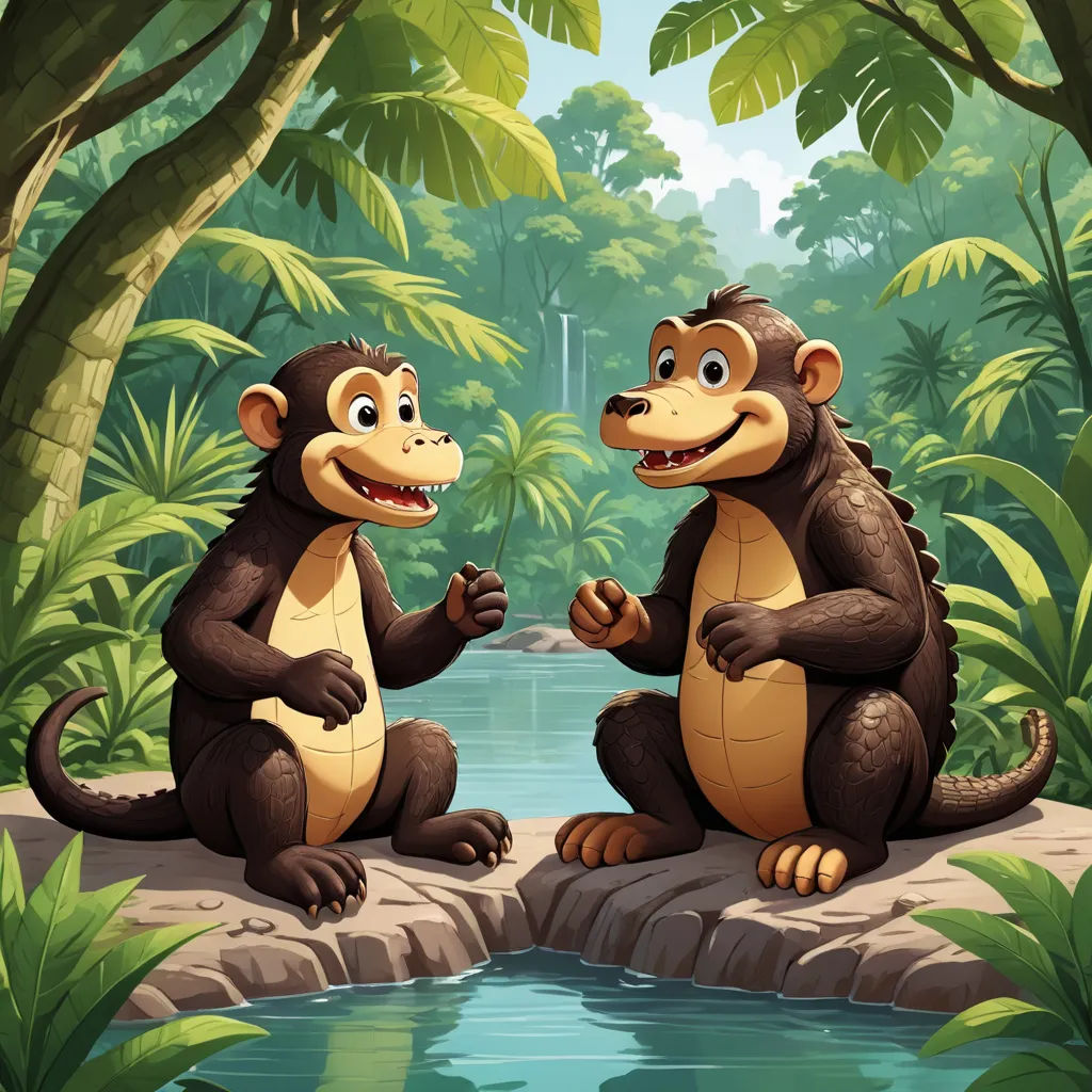 two monkeys sitting on a rock in the jungle by a river and a waterfall with a waterfall in the background, sumatraism, a storybook illustration, Andries Both, promotional image