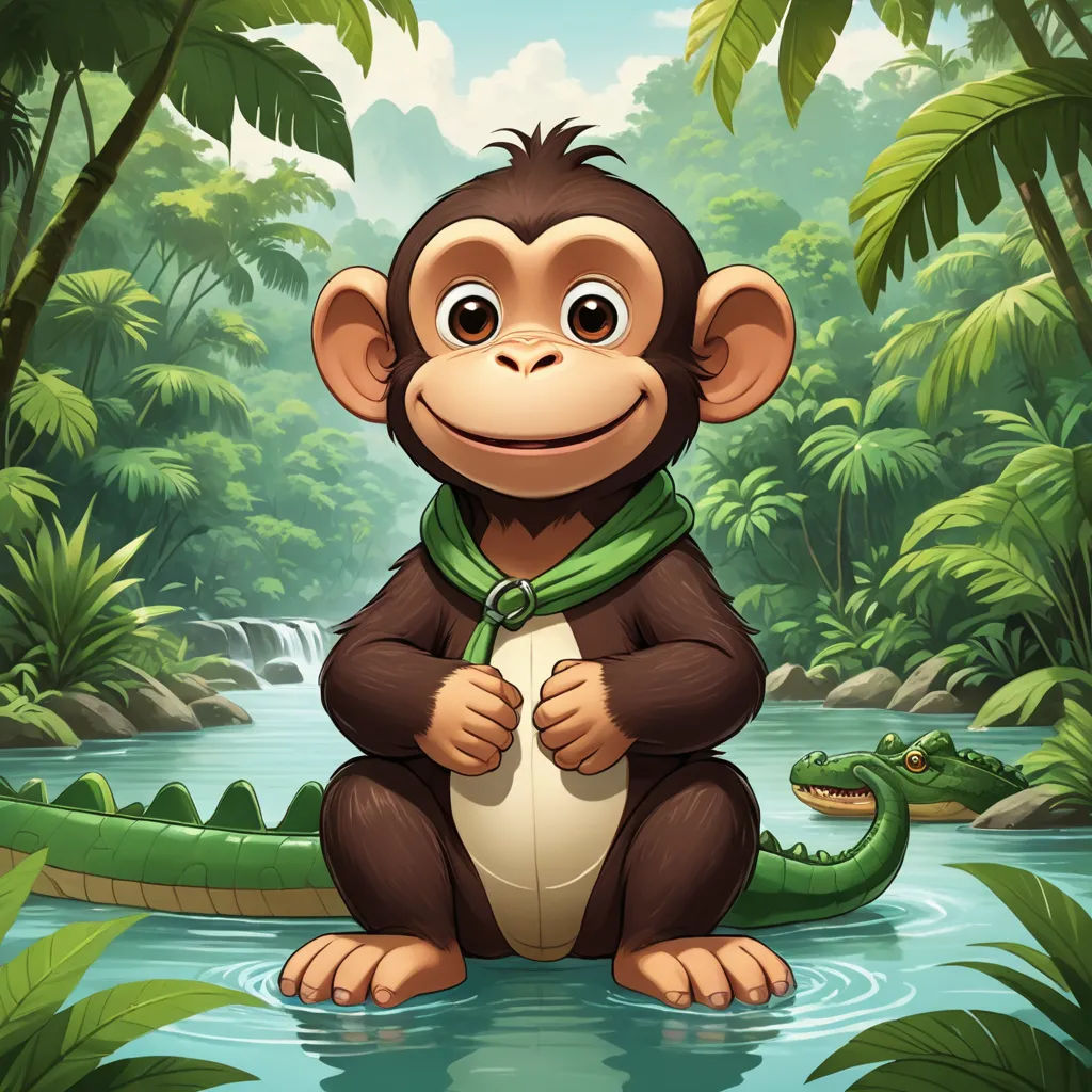 a monkey sitting in the middle of a jungle with a crocodile in the background illustration by alex krawc, sots art, a character portrait, Diego Gisbert Llorens, jungle