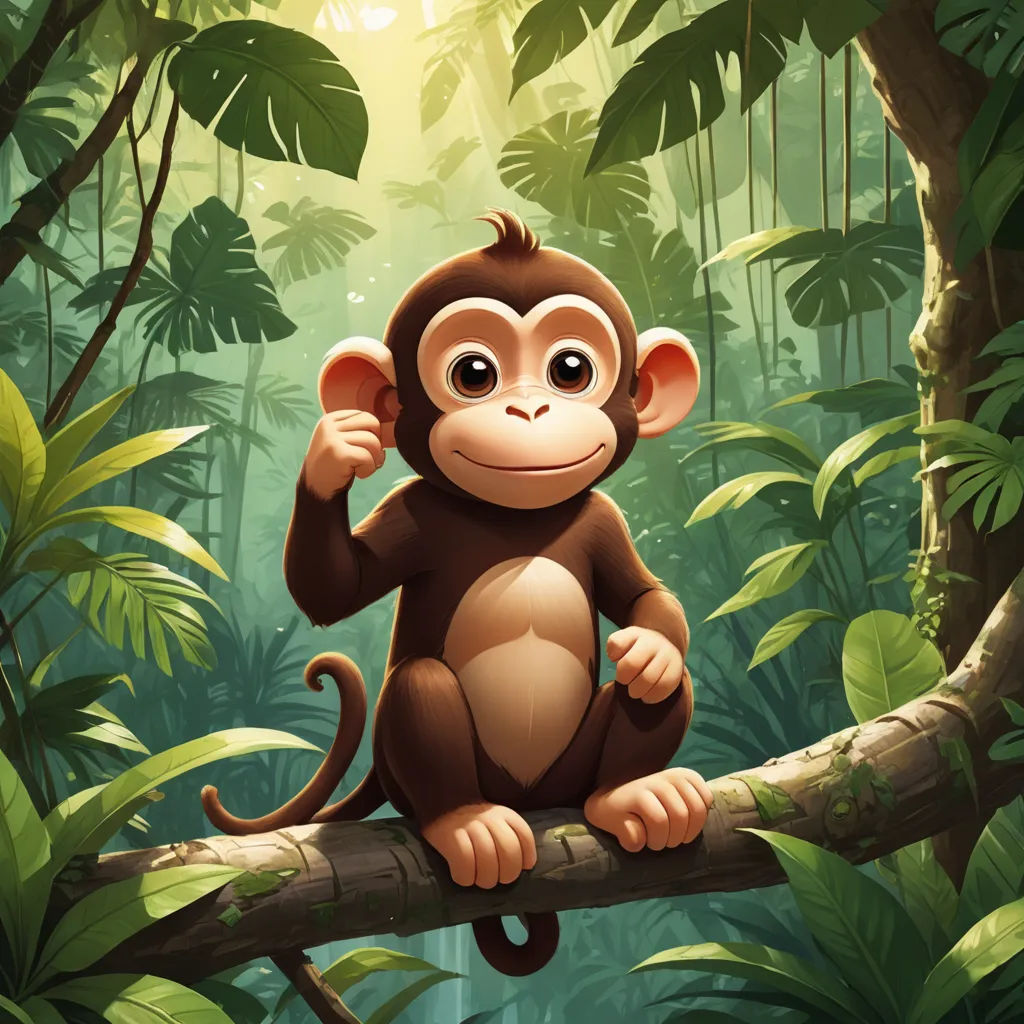 a monkey sitting on a tree branch in a jungle with sunlight shining through the trees and leaves surrounding it, primitivism, a digital painting, Alex Petruk APe, jungle