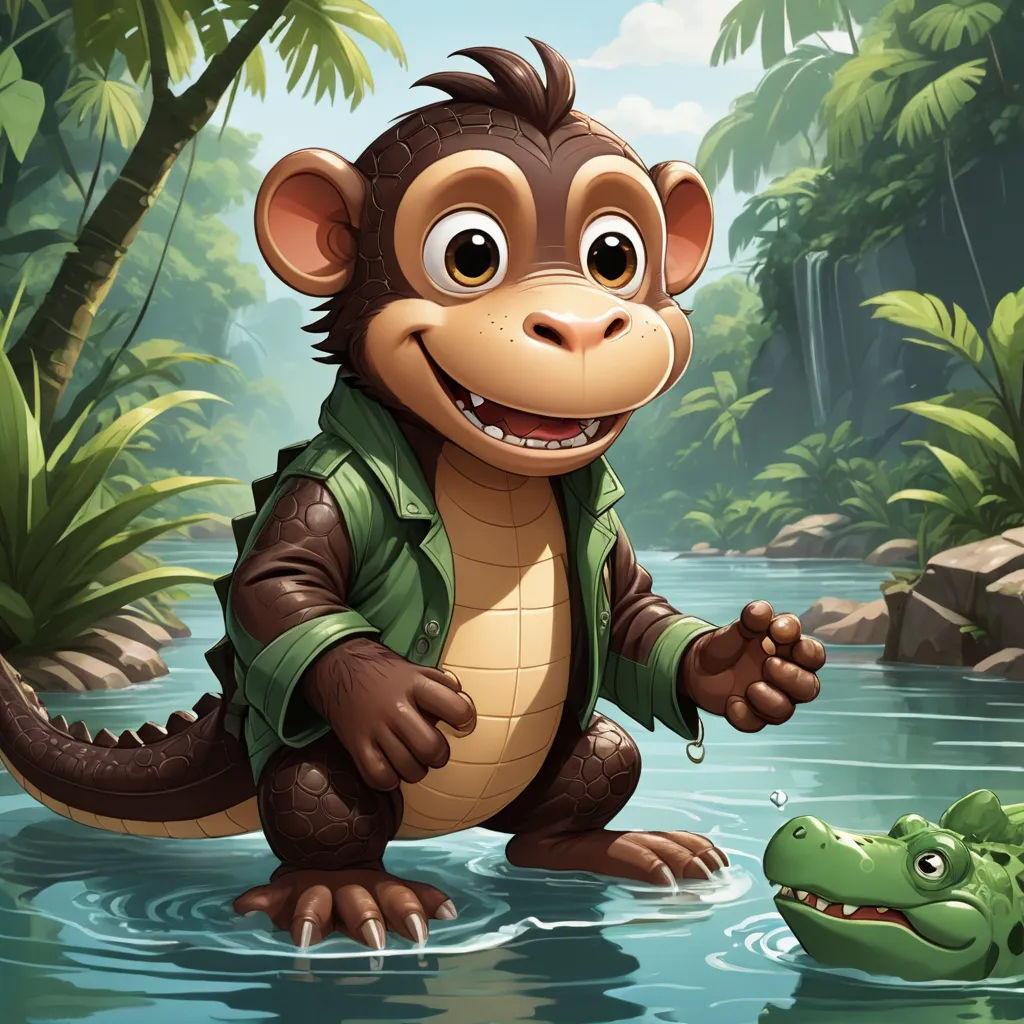 a monkey in a green jacket standing in a river next to a crocodile and a crocodile in a jungle, sots art, a character portrait, Diego Gisbert Llorens, behance hd