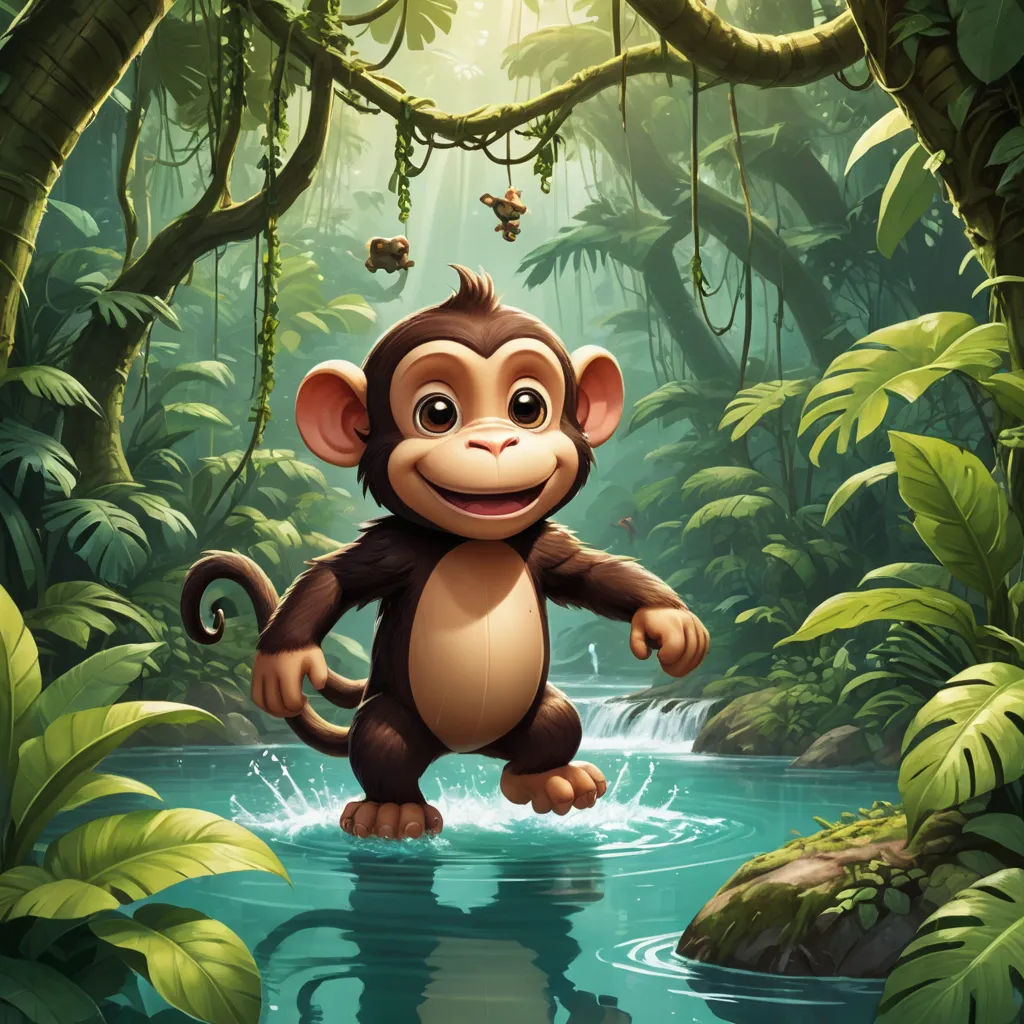 a monkey in the jungle with a stream of water and butterflies flying above it and a jungle background with a stream of water and a monkey, sots art, a storybook illustration, Chris LaBrooy, jungle