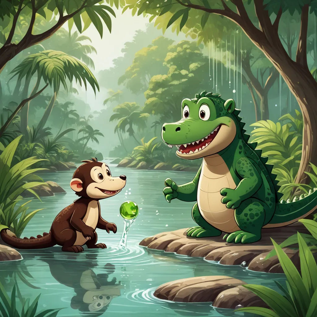 a monkey and a crocodile in a jungle setting with a pond and a river running through it with a crocodile and a monkey, lyco art, a storybook illustration, Andries Stock, storybook illustration