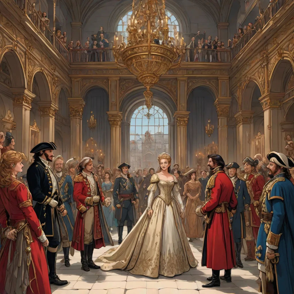 a painting of a woman in a wedding dress surrounded by other people in a palace setting with a chandelier, classical realism, a detailed painting, Carl Gustaf Pilo, highly detailed digital painting