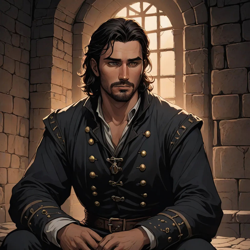 a man in a black coat sitting in a stone room with a window behind him and a brick wall, fantasy art, a character portrait, Cedric Seaut (Keos Masons), epic fantasy character art