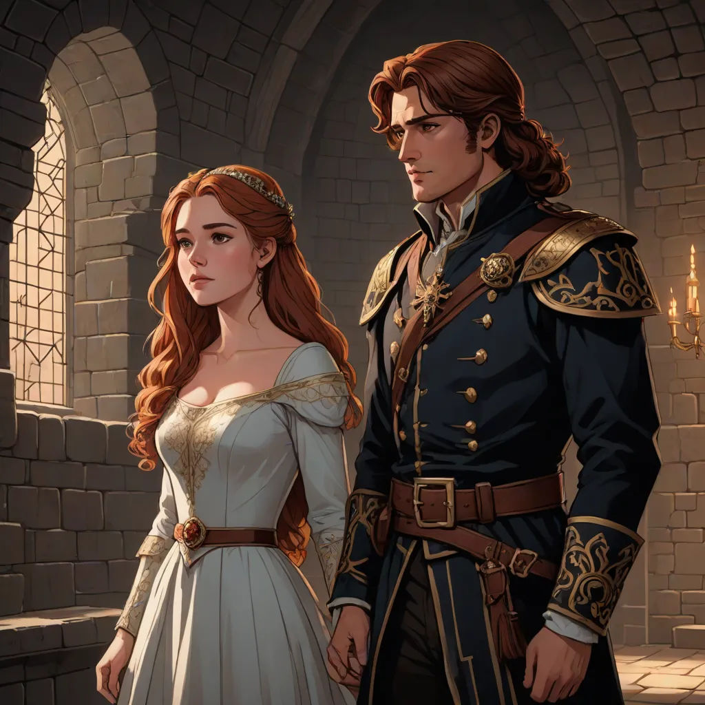 a man and a woman in medieval dress standing next to each other in front of a castle entrance with a stone wall, fantasy art, a storybook illustration, Charlie Bowater, official art