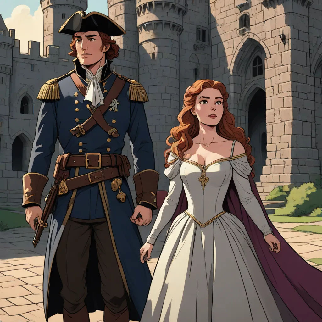 a man and a woman in medieval dress standing in front of a castle with a castle in the background, fantasy art, a storybook illustration, Charlie Bowater, rossdraws global illumination