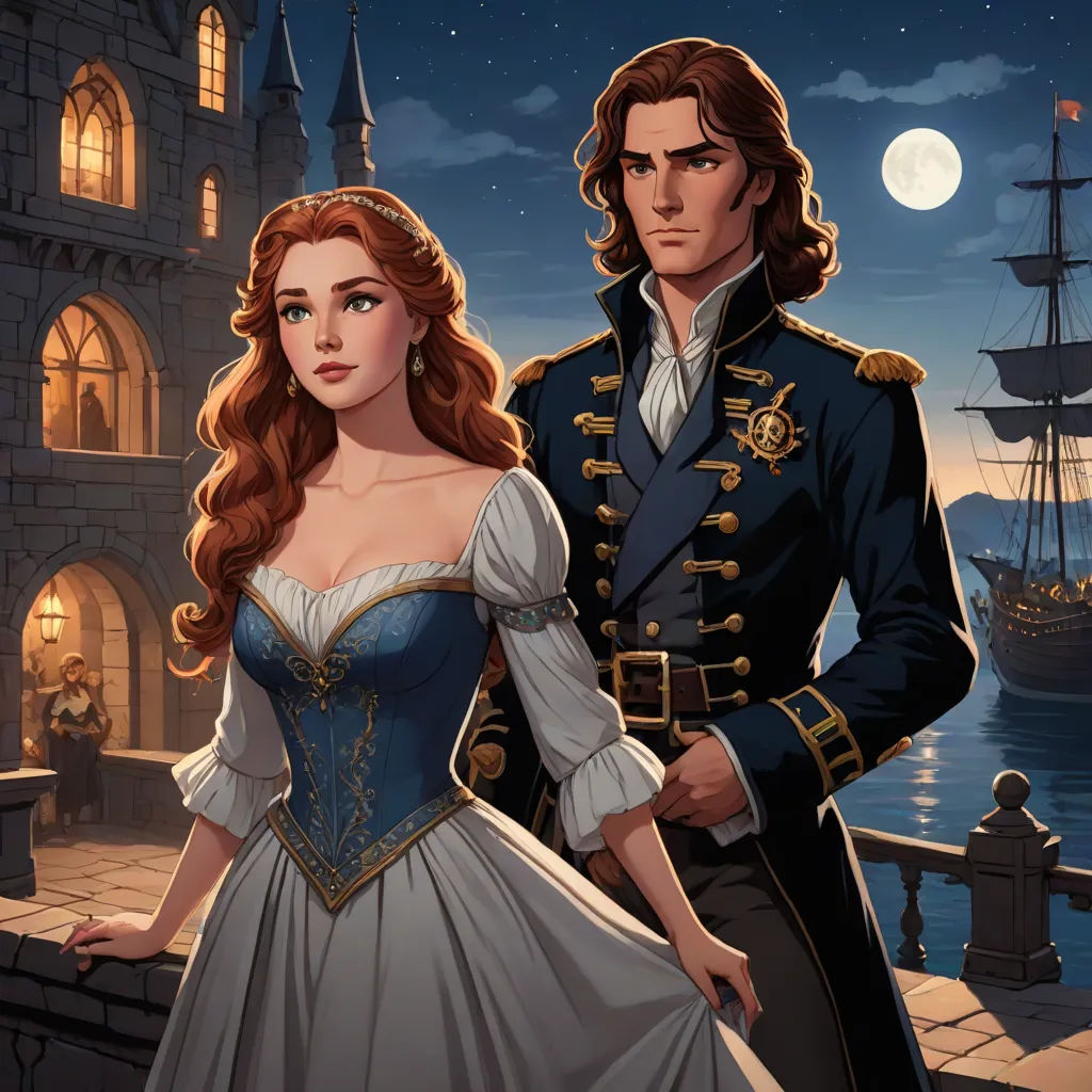 a man and a woman in renaissance dress standing next to each other in front of a castle at night, fantasy art, a storybook illustration, Charlie Bowater, kinkade