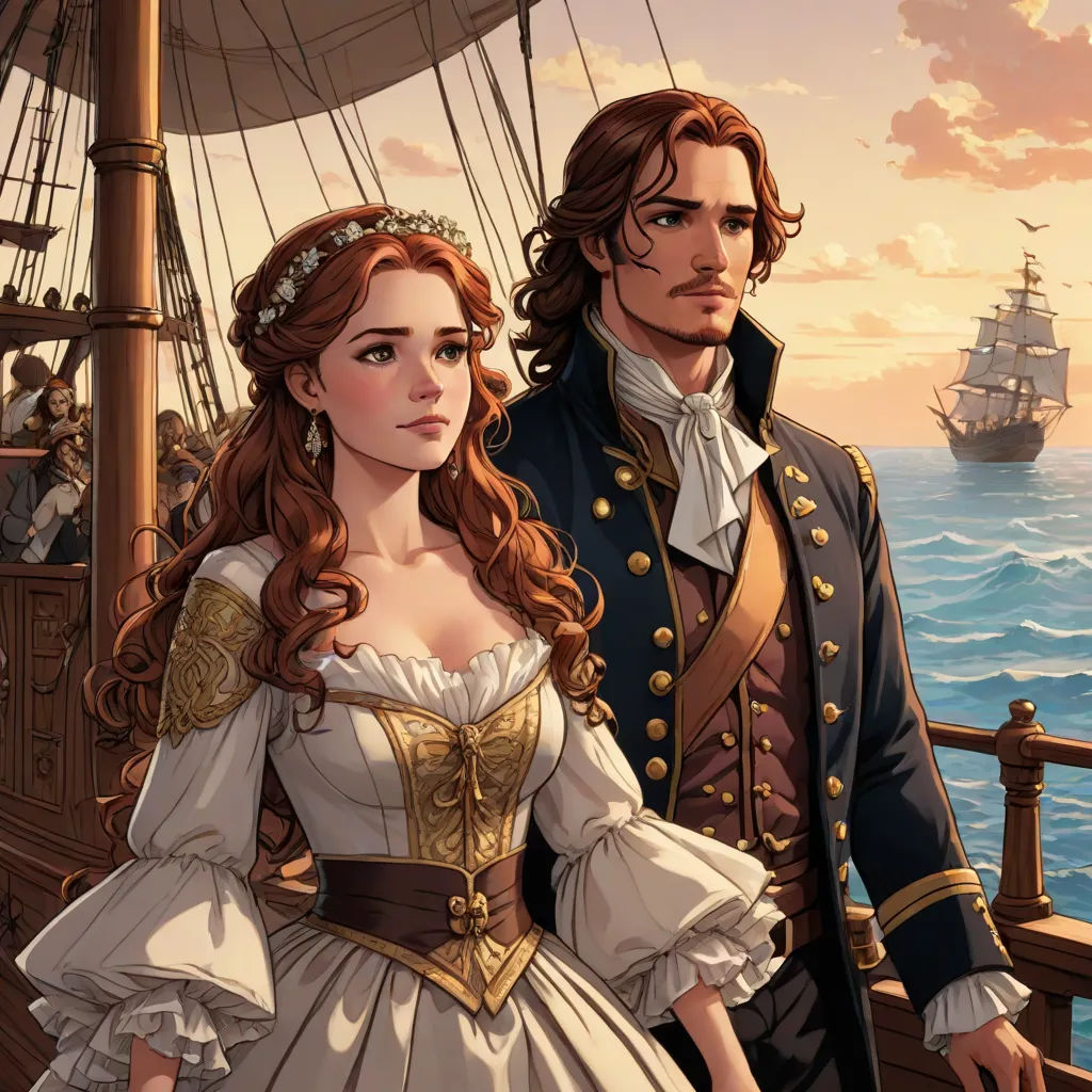 a man and a woman in renaissance dress standing on a ship in the ocean with a pirate ship in the background, fantasy art, a detailed painting, Charlie Bowater, kinkade