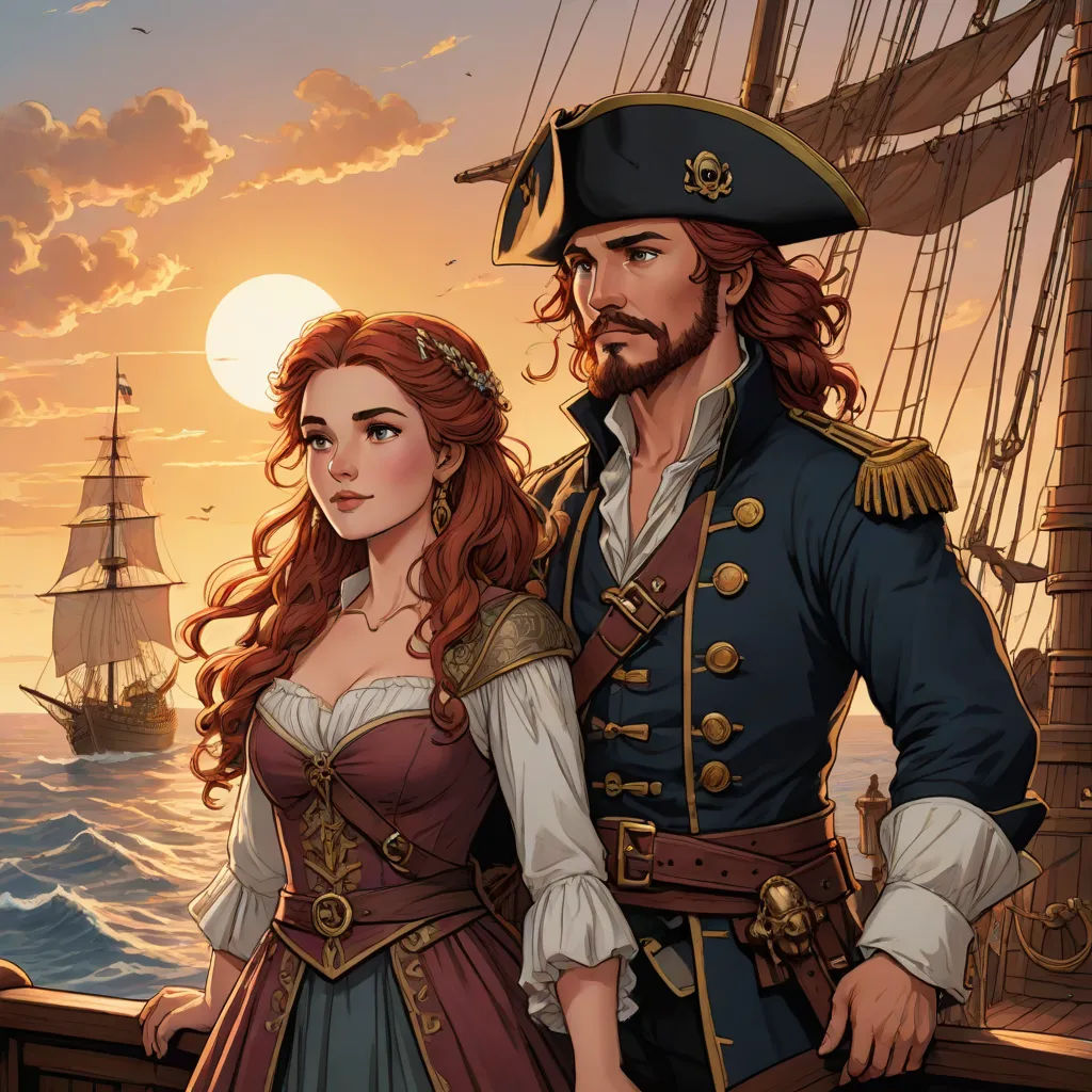 a man and a woman dressed in pirate costumes standing next to each other on a ship in the ocean, fantasy art, a detailed painting, Charlie Bowater, kinkade