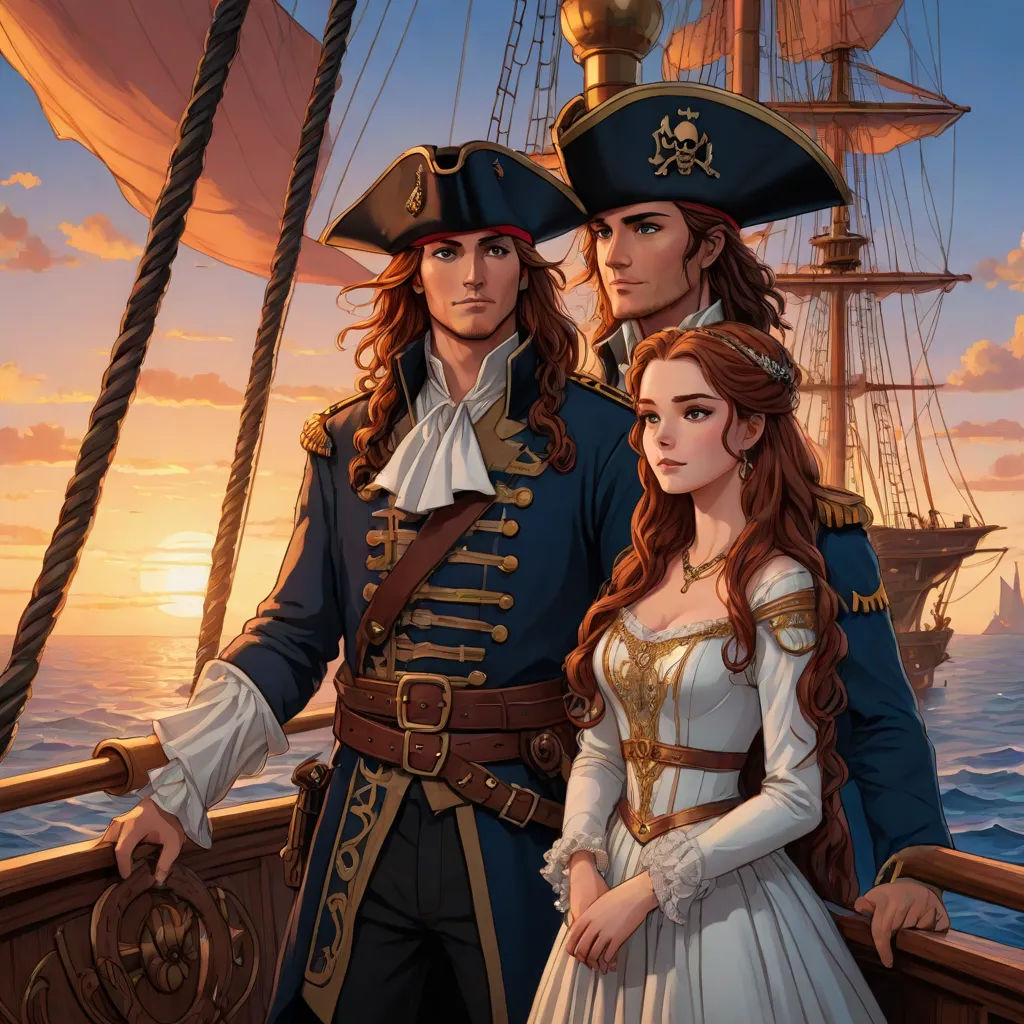 a painting of a man and woman in pirate costumes on a ship at sunset with a sailboat in the background, fantasy art, a storybook illustration, Brothers Hildebrandt, official art