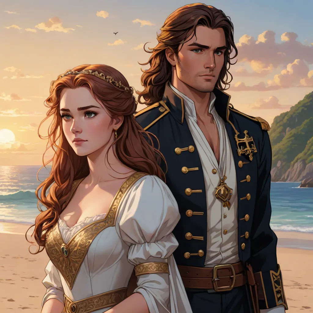 a man and a woman standing on a beach next to the ocean in front of a sunset sky and a mountain, fantasy art, a detailed painting, Charlie Bowater, official art