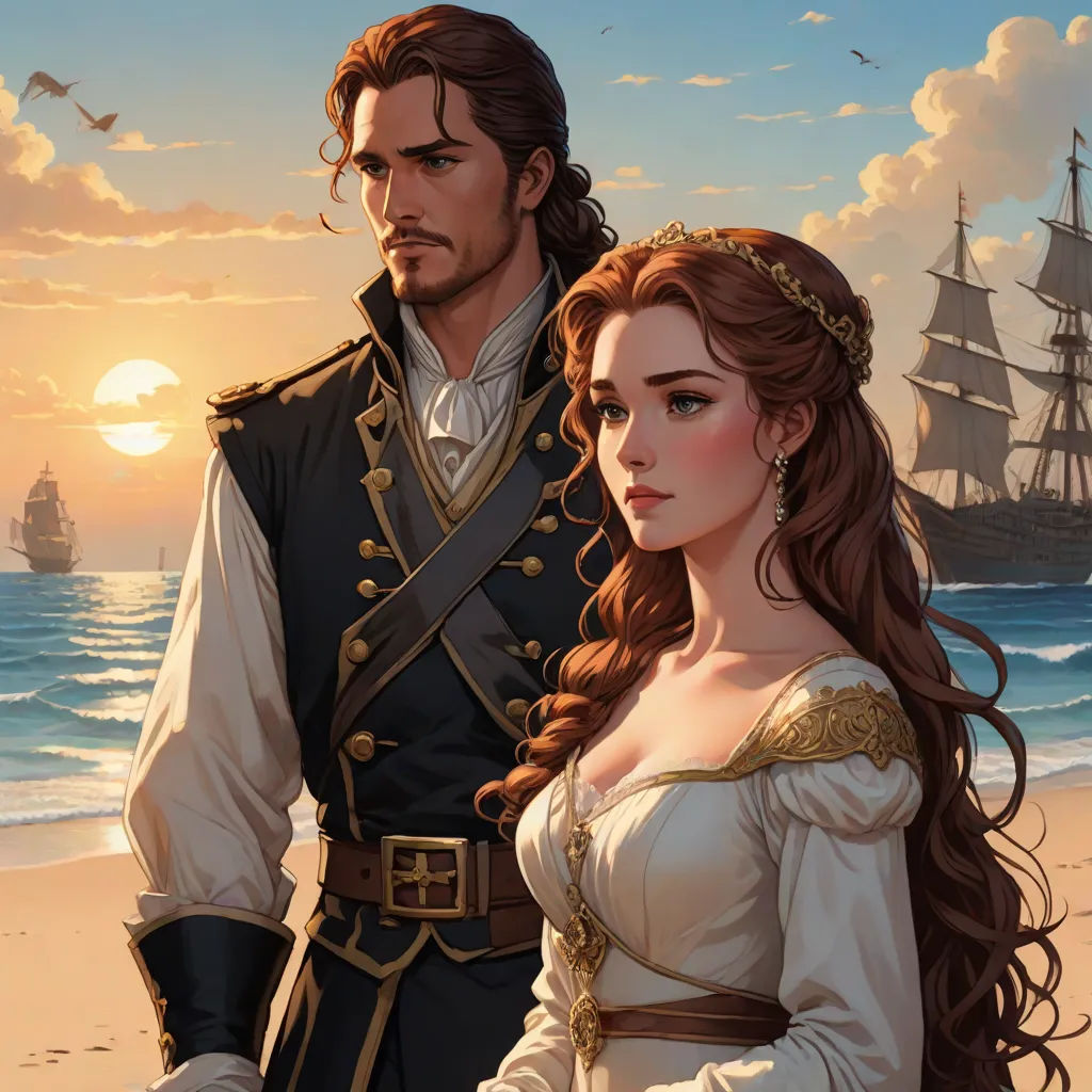 a man and a woman standing on a beach next to each other in front of a ship at sunset, fantasy art, a detailed painting, Altoon Sultan, rossdraws global illumination