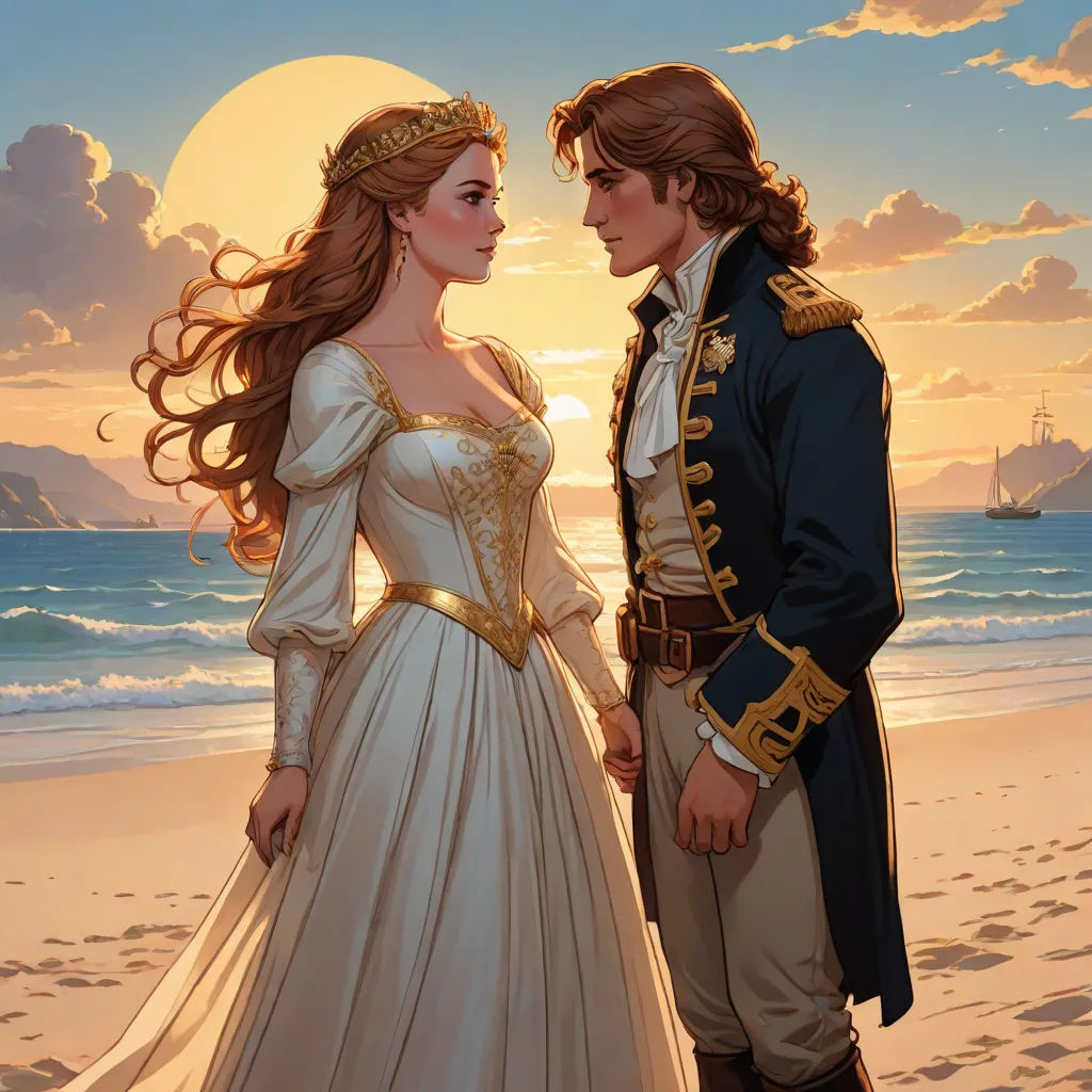 a man and woman in renaissance dress standing on a beach at sunset with a ship in the background and a full moon in the sky, fantasy art, a storybook illustration, Charlie Bowater, rossdraws global illumination