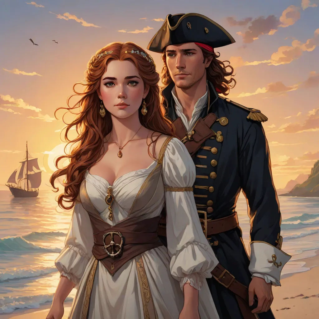 a man and woman in pirate costumes standing on a beach at sunset with a ship in the background and a bird flying overhead, fantasy art, a detailed painting, Charlie Bowater, rossdraws global illumination