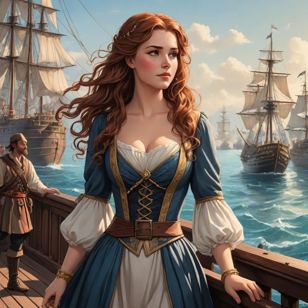 a woman in a blue dress standing on a pier next to a man in a pirate costume and a ship, fantasy art, a detailed painting, Charlie Bowater, fantasy artwork
