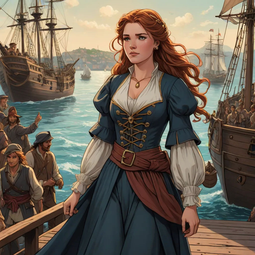a woman in a blue dress standing on a pier next to a pirate ship and a crowd of people, fantasy art, a detailed painting, Charlie Bowater, game art