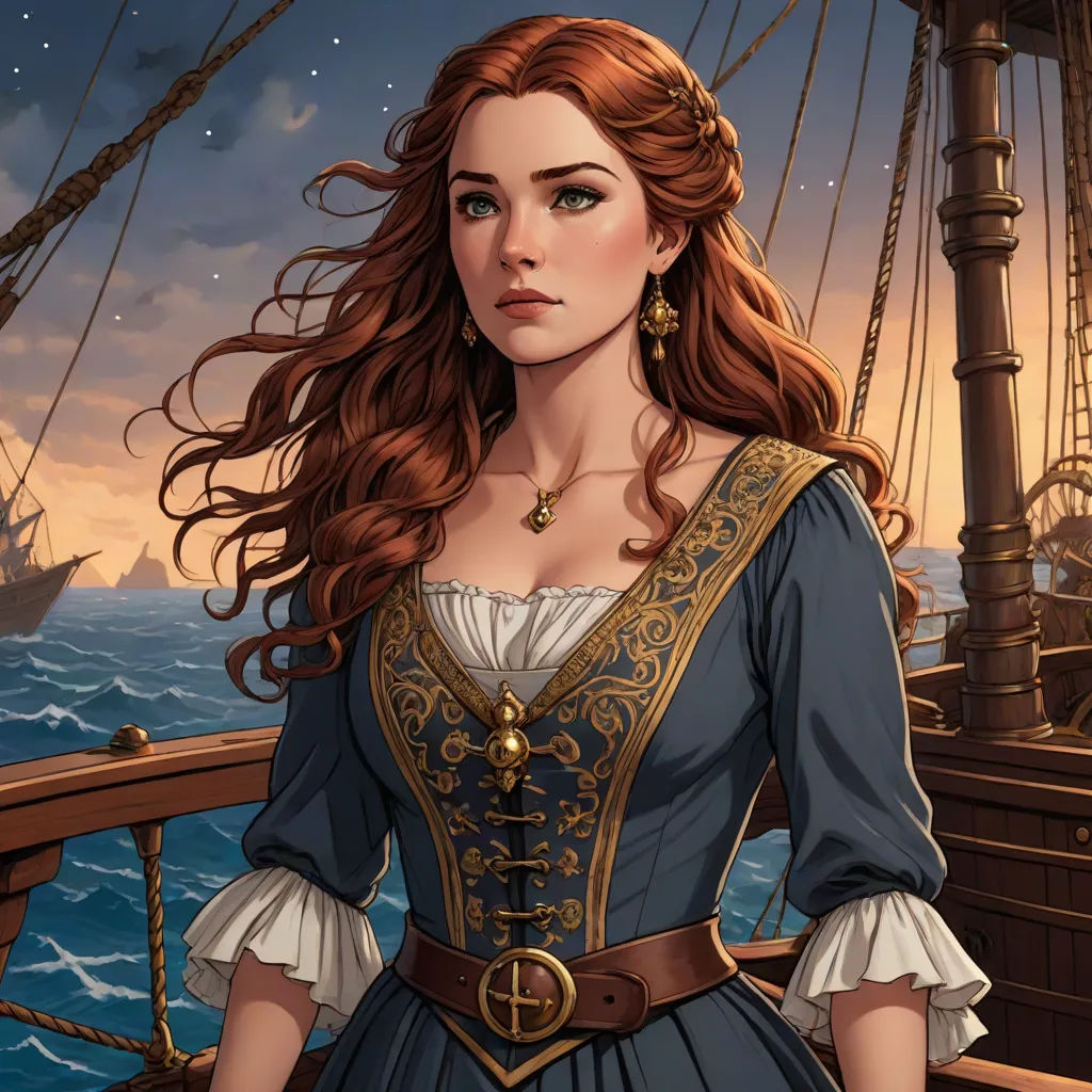 a woman in a blue dress standing on a boat in the ocean with a ship in the background and a full moon in the sky, fantasy art, a character portrait, Charlie Bowater, game art