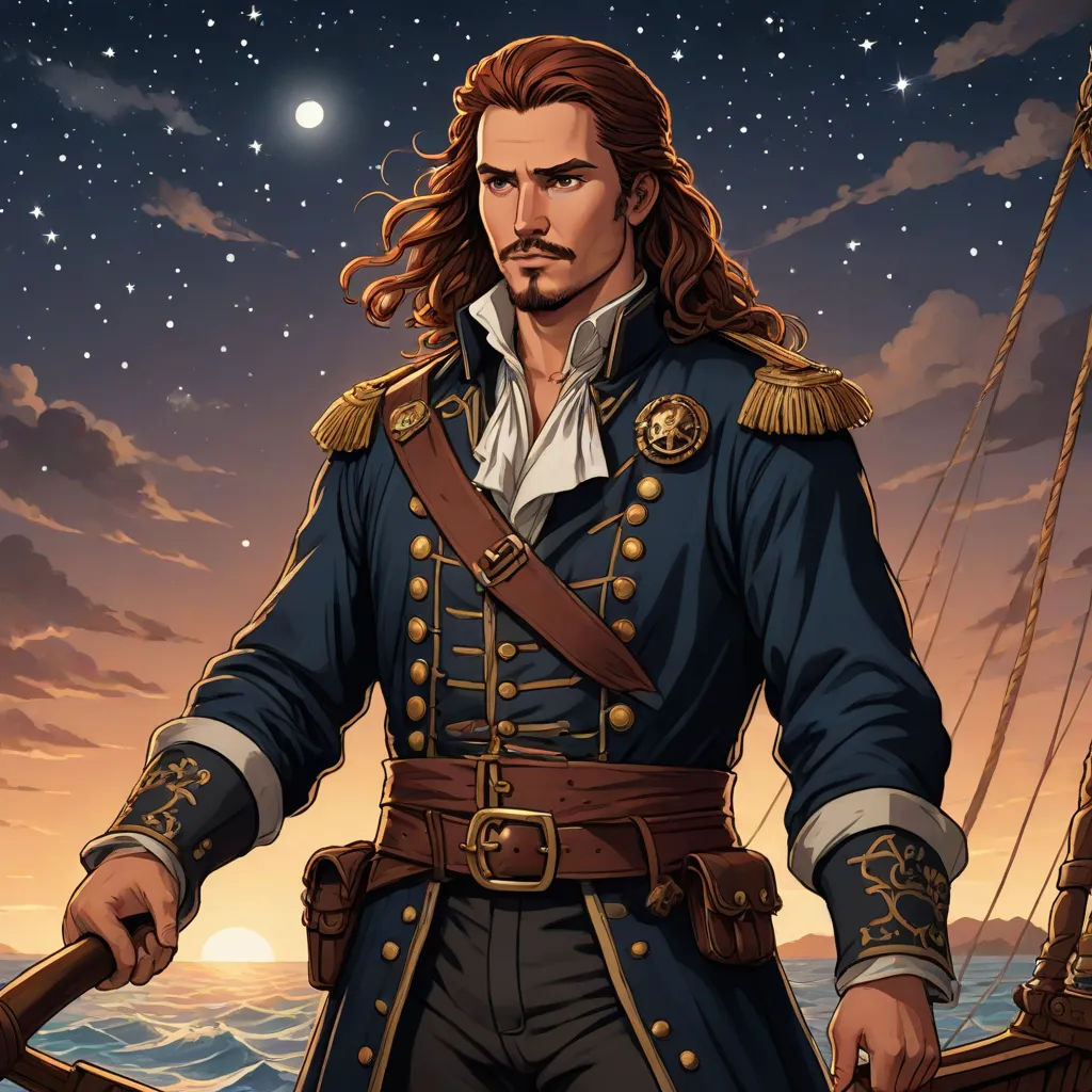 a man in a blue uniform standing on a boat in the ocean at night with a full moon in the background, fantasy art, a character portrait, Cedric Seaut (Keos Masons), kinkade
