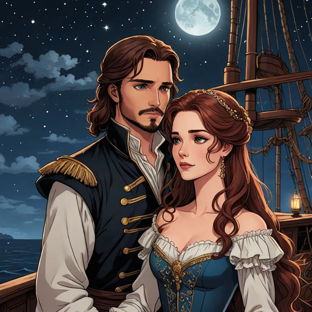 a man and a woman in renaissance dress standing next to each other on a boat at night with a full moon in the background, romanticism, a storybook illustration, Altoon Sultan, kinkade