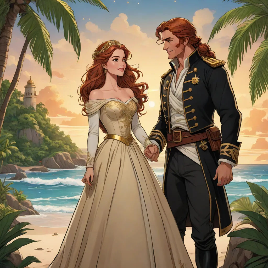 a man and woman dressed in renaissance clothing standing next to each other on a beach with palm trees and a castle in the background, fantasy art, a storybook illustration, Charlie Bowater, official art