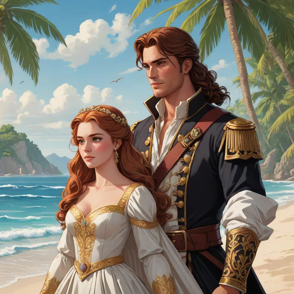 a man and woman in renaissance dress standing on a beach next to the ocean with palm trees in the background, fantasy art, a detailed painting, Altoon Sultan, official art
