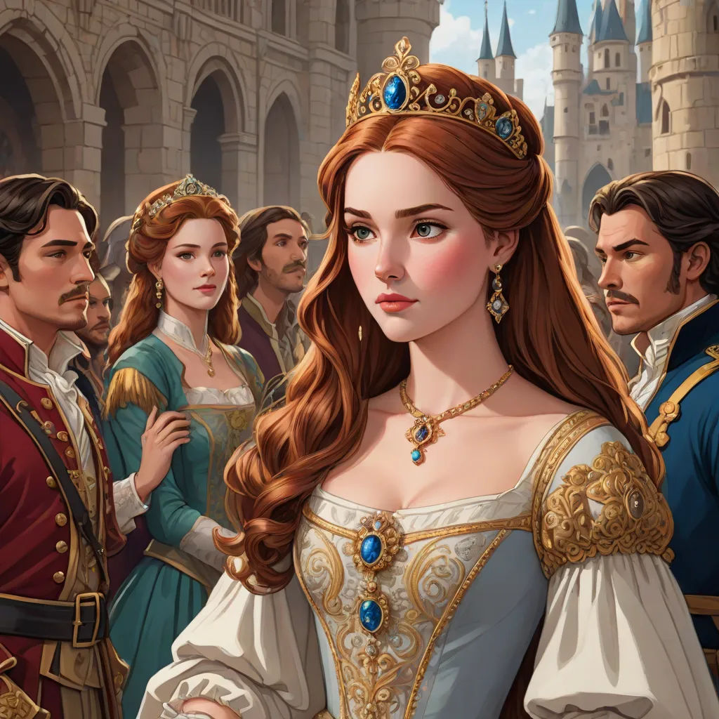 a painting of a woman in a dress with a crown and other people in the background in front of a castle, fantasy art, a detailed painting, Charlie Bowater, game art