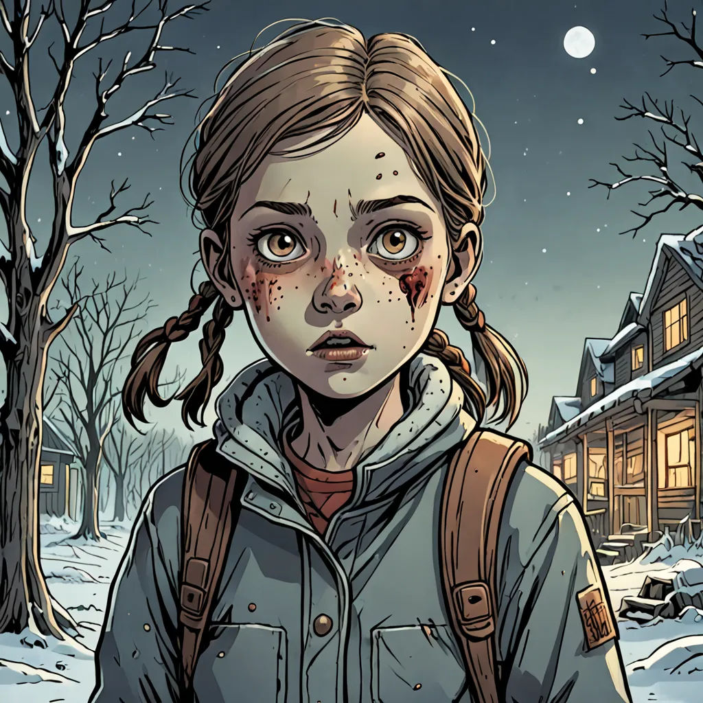 a girl with a backpack standing in front of a house with a creepy face on her face and a house in the background, Clark Voorhees, sots art, a comic book panel, comic cover art