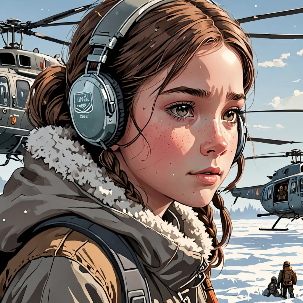 a girl with headphones on looking at a helicopter in the snow with a man standing next to her, Dan Mumford, serial art, poster art, stanley artgerm lau