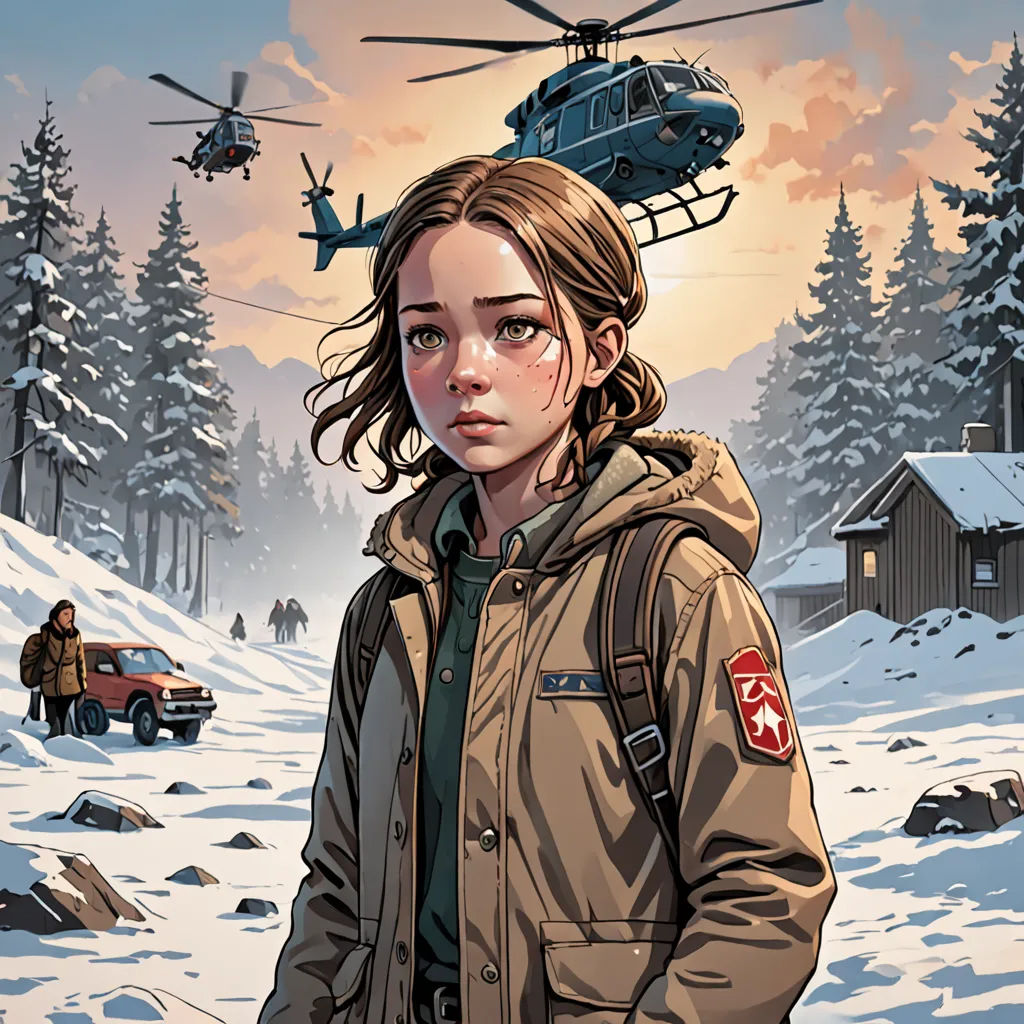 a woman in a jacket standing in the snow with a helicopter above her head and a man in the background, Dan Mumford, sots art, poster art, comic cover art