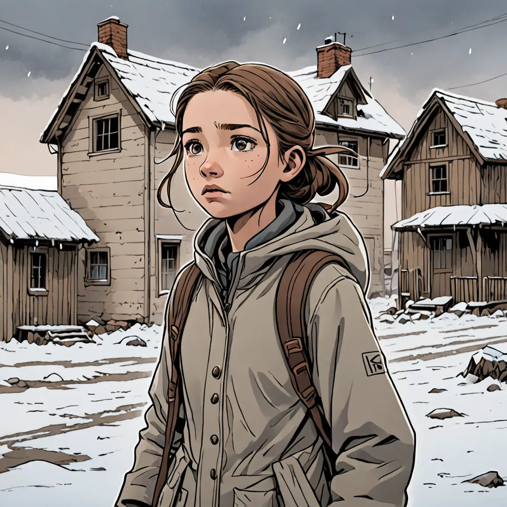 a girl in a jacket standing in front of a house in the snow with a backpack on her shoulder, Craig Davison, american realism, a comic book panel, comic cover art