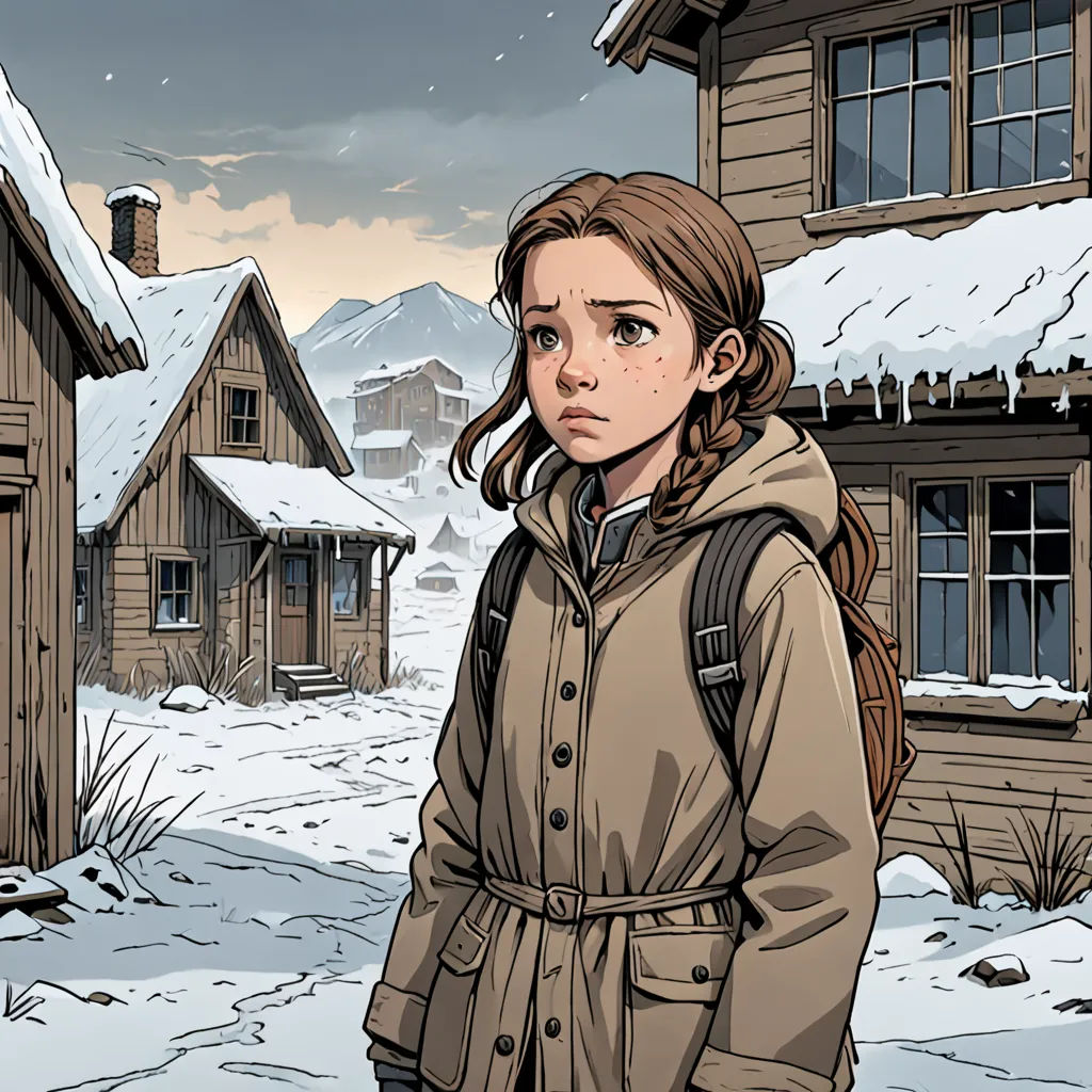 a girl in a brown coat standing in front of a snowy village with a house and a snow covered hill, Ada Hill Walker, serial art, a comic book panel, comic cover art