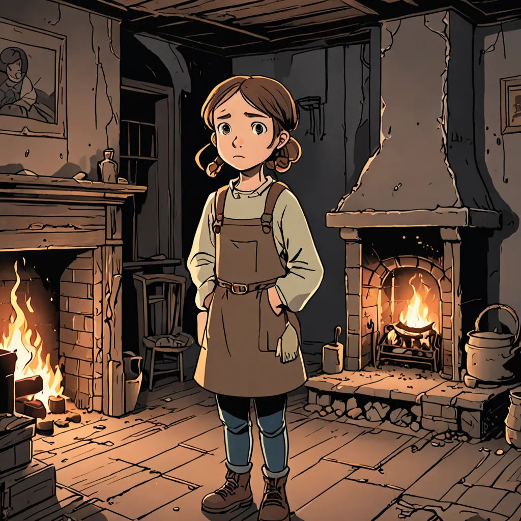 a girl standing in front of a fireplace in a room with a fire place and a fireplace in the corner, Anne Said, context art, a character portrait, official art