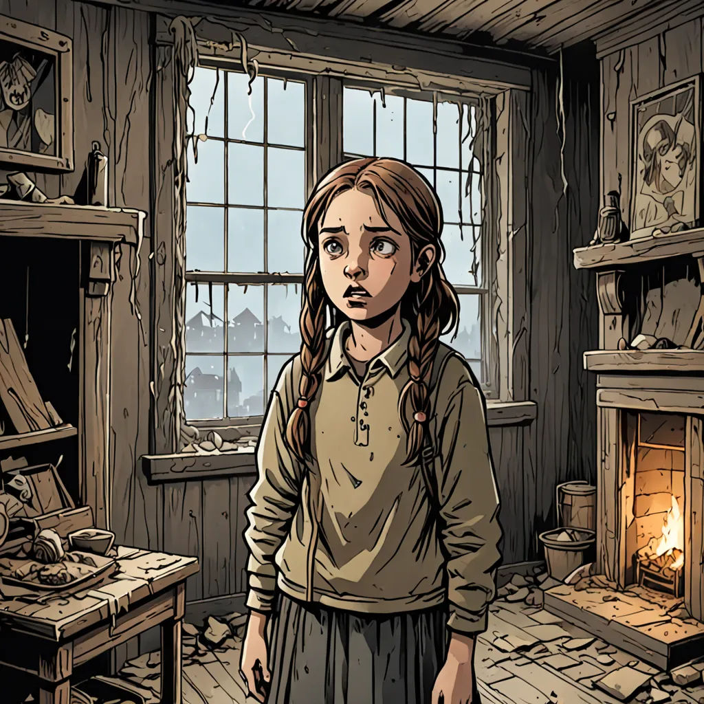 a girl standing in a room with a fireplace and a window in the background, with a broken window, Anne Said, gothic art, a comic book panel, comic cover art