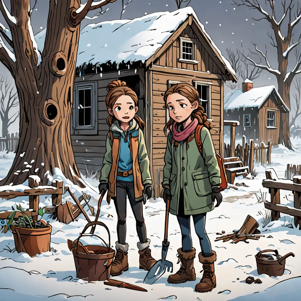 two girls standing in the snow near a cabin with a shovel and a bucket of snow in front of them, Cliff Childs, underground comix, a storybook illustration, comic cover art