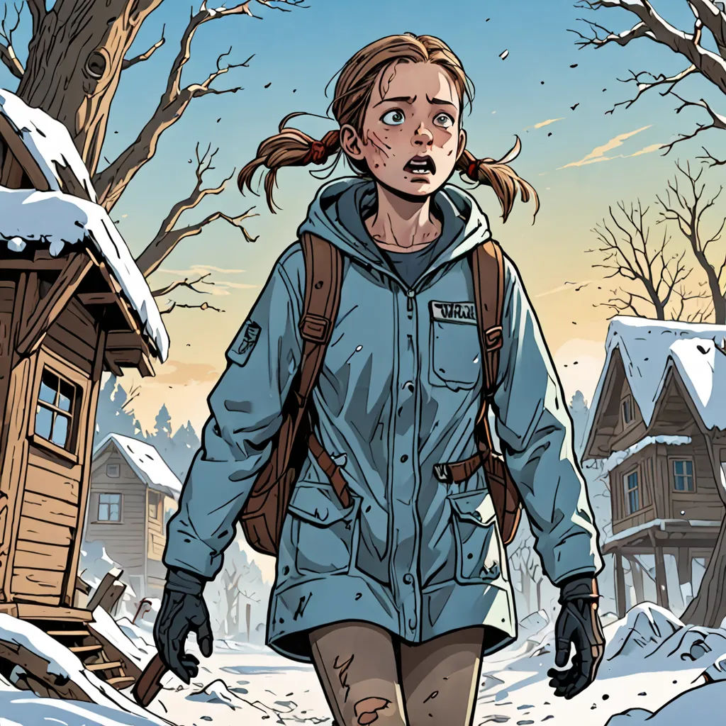a woman walking through a snowy forest with a backpack on her back and a house in the background, with a tree in the foreground, Dan Mumford, context art, a comic book panel, comic cover art