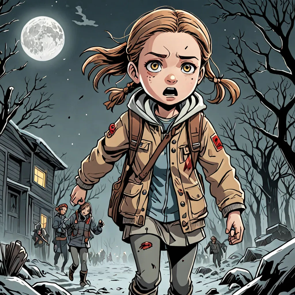 a girl walking through a snowy forest with a house in the background and a full moon in the sky, Dan Mumford, sots art, a comic book panel, comic cover art