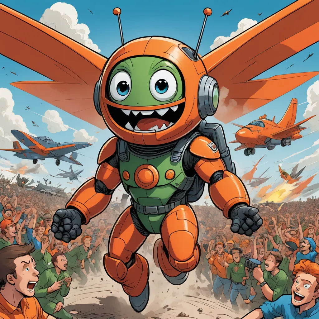 a cartoon of a robot with a crowd of people behind him and a plane in the sky behind him, sots art, a comic book panel, Adam Rex, comic cover art