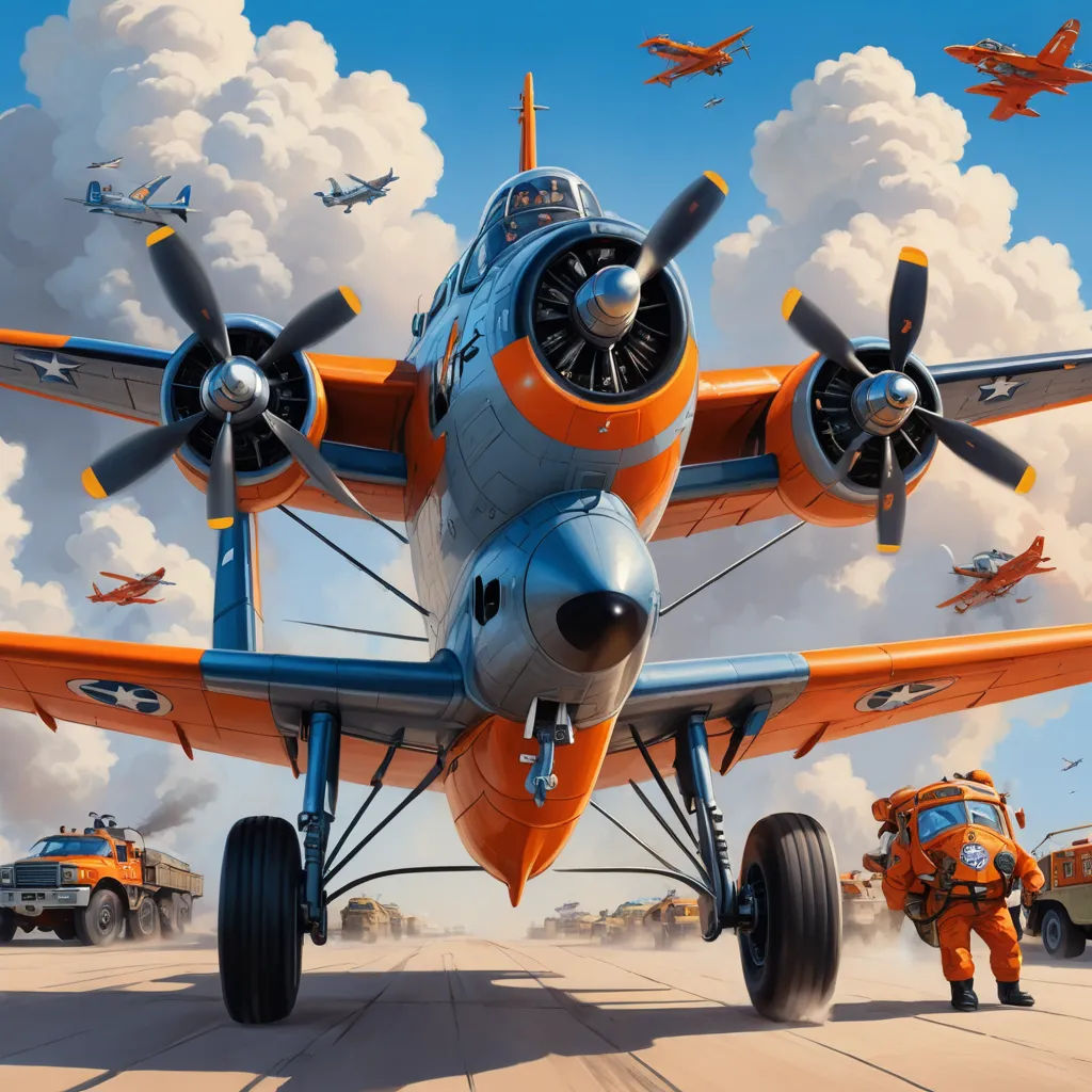 a painting of a plane with a sky background and a group of planes flying overhead in the sky above, american scene painting, an airbrush painting, Brothers Hildebrandt, highly detailed digital painting