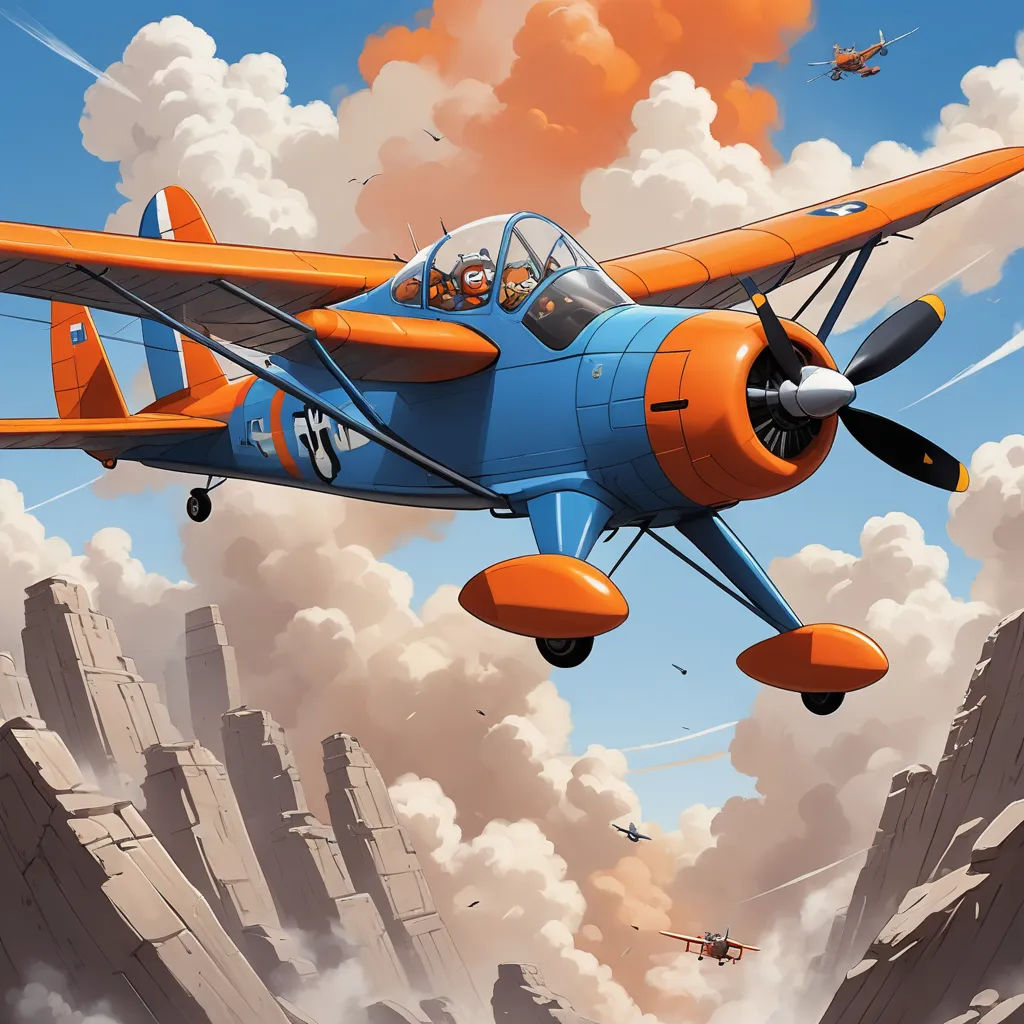 a painting of a blue and orange airplane flying over a mountain range with a sky background and clouds in the background, sots art, a detailed matte painting, Cliff Childs, dieselpunk