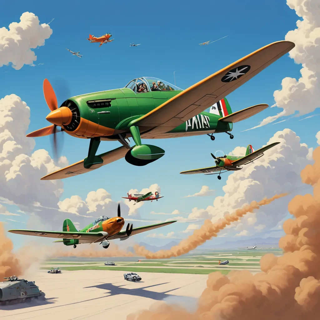 a painting of a group of planes flying in the sky above a field of grass and trees with a few cars below, precisionism, an airbrush painting, Brothers Hildebrandt, official art
