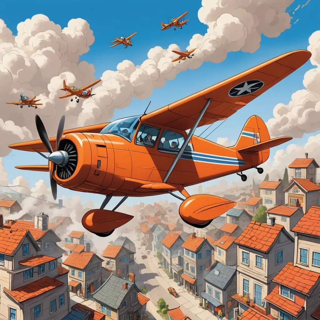 a painting of a small orange airplane flying over a city with houses and planes in the sky above it, american scene painting, a comic book panel, Cliff Childs, dieselpunk